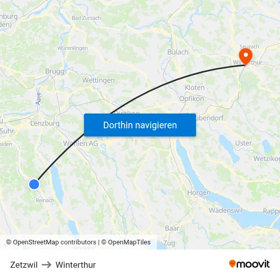 Zetzwil to Winterthur map
