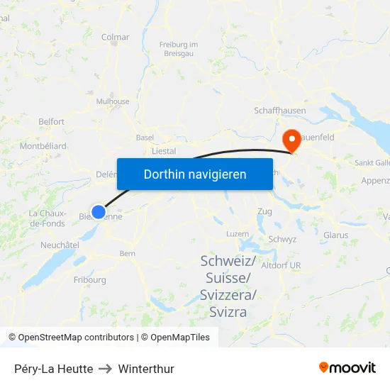 Péry-La Heutte to Winterthur map