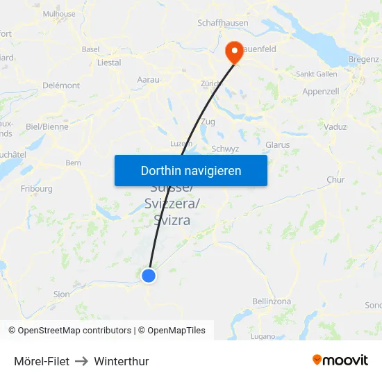 Mörel-Filet to Winterthur map