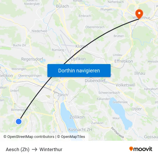 Aesch (Zh) to Winterthur map