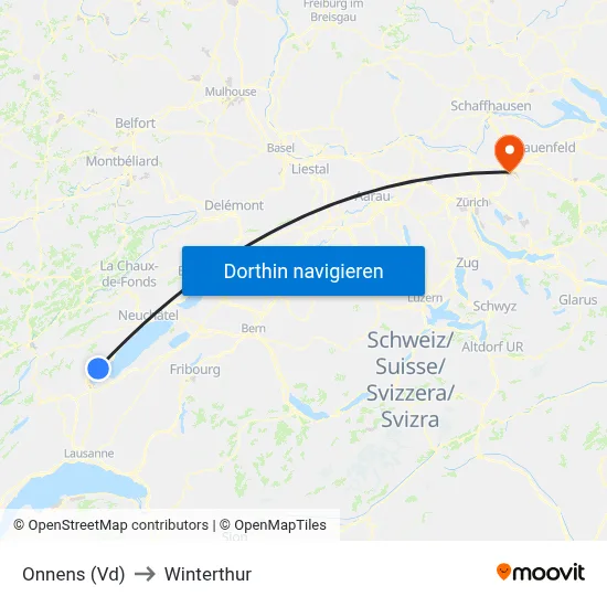 Onnens (Vd) to Winterthur map