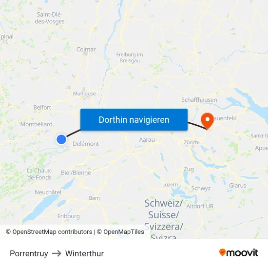 Porrentruy to Winterthur map
