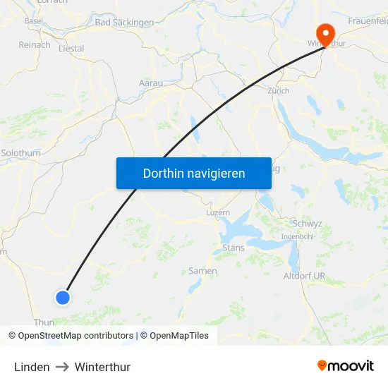 Linden to Winterthur map
