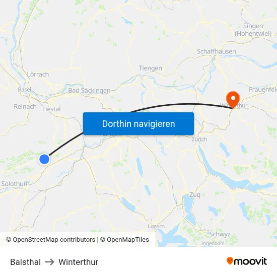 Balsthal to Winterthur map