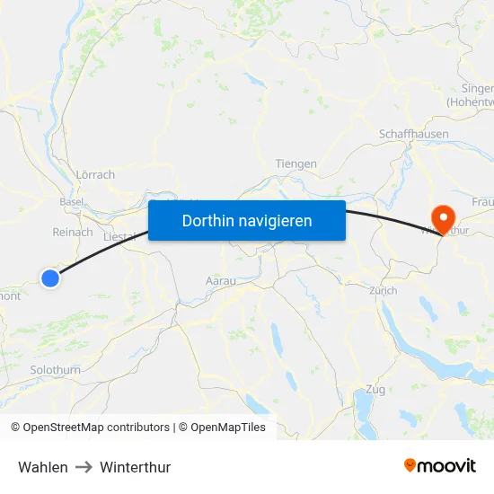 Wahlen to Winterthur map