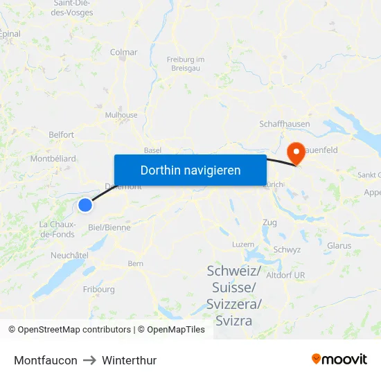 Montfaucon to Winterthur map