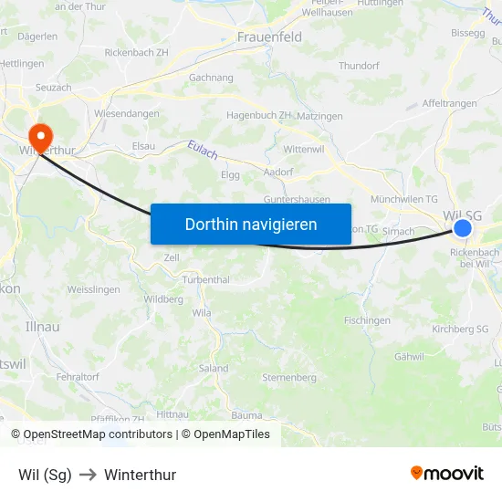 Wil (Sg) to Winterthur map