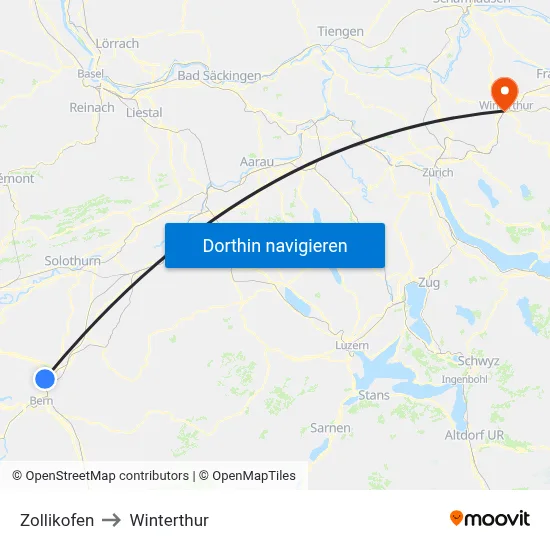 Zollikofen to Winterthur map