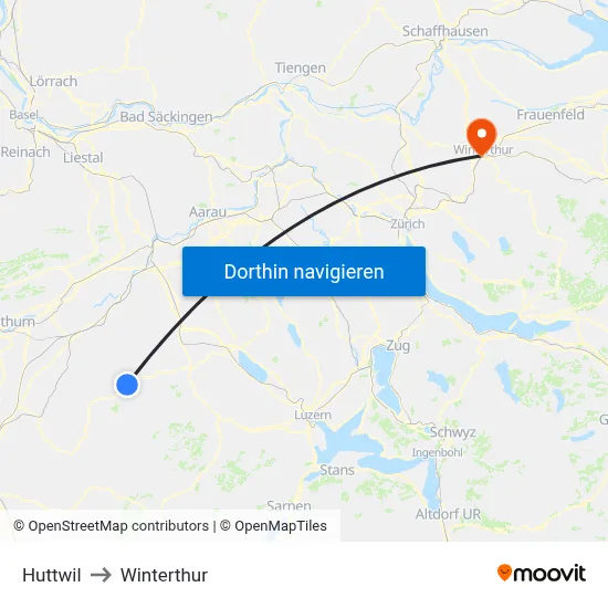 Huttwil to Winterthur map