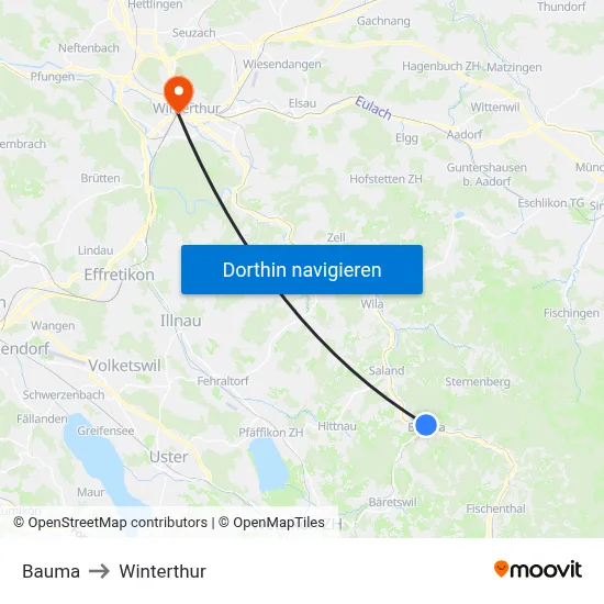 Bauma to Winterthur map