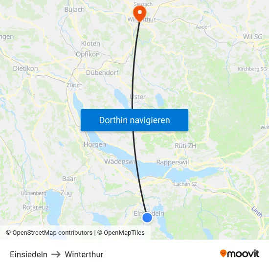 Einsiedeln to Winterthur map