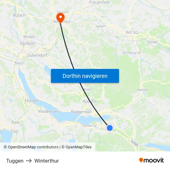Tuggen to Winterthur map