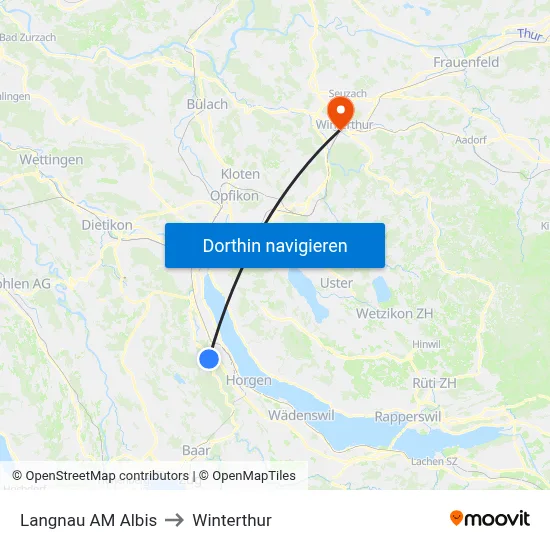 Langnau AM Albis to Winterthur map