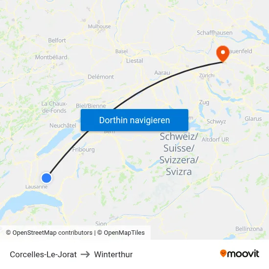 Corcelles-Le-Jorat to Winterthur map