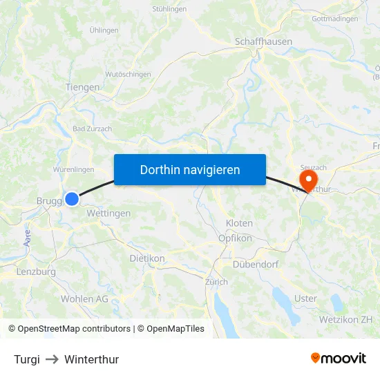 Turgi to Winterthur map