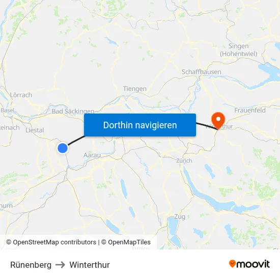Rünenberg to Winterthur map