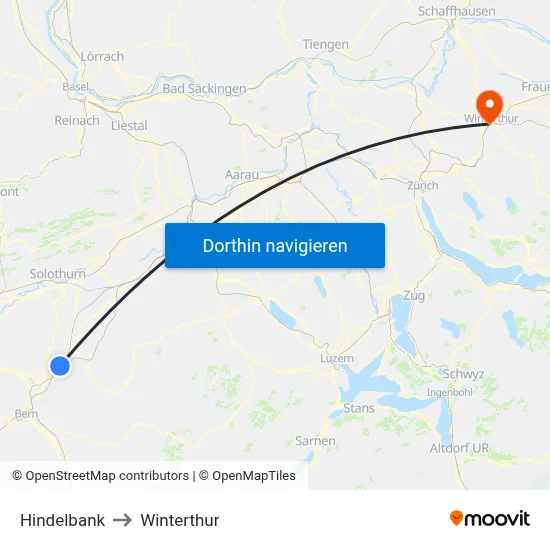 Hindelbank to Winterthur map