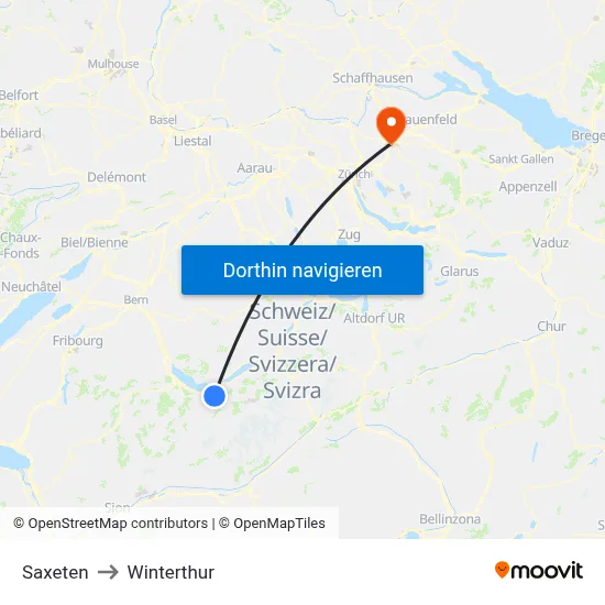 Saxeten to Winterthur map