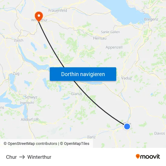 Chur to Winterthur map