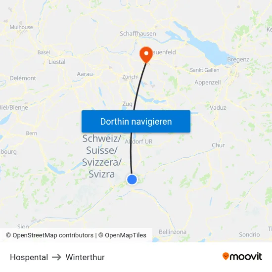 Hospental to Winterthur map