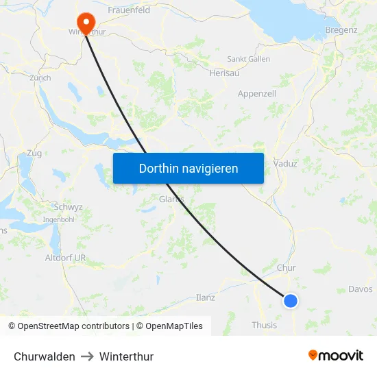 Churwalden to Winterthur map