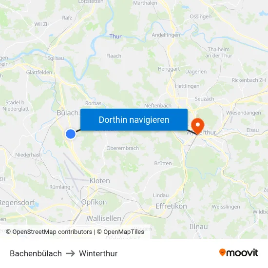 Bachenbülach to Winterthur map