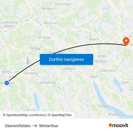 Oberentfelden to Winterthur map