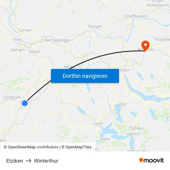 Etziken to Winterthur map