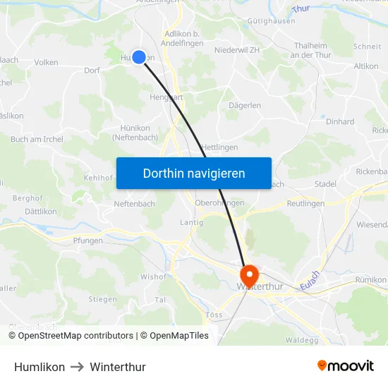 Humlikon to Winterthur map