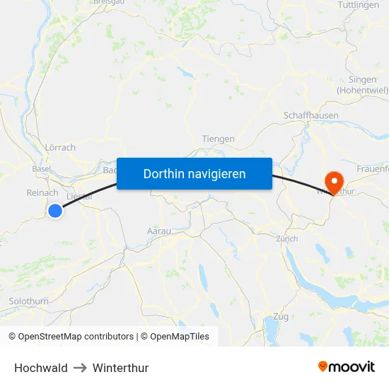 Hochwald to Winterthur map