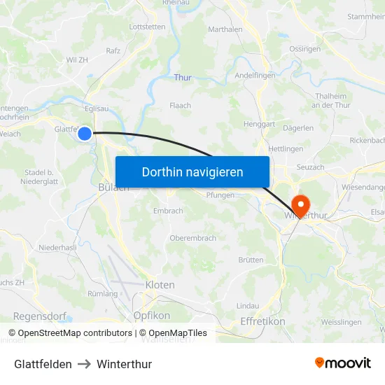 Glattfelden to Winterthur map