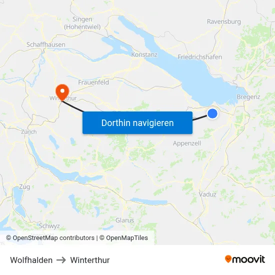 Wolfhalden to Winterthur map