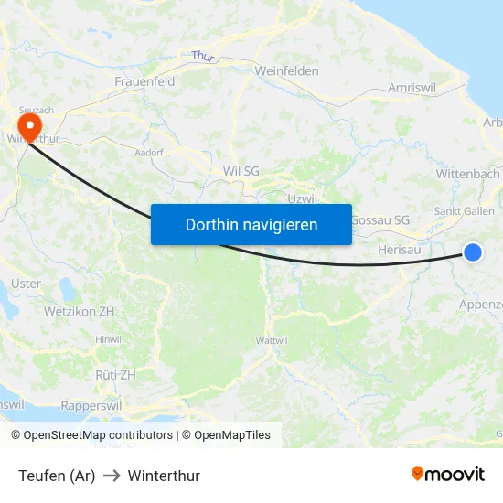 Teufen (Ar) to Winterthur map