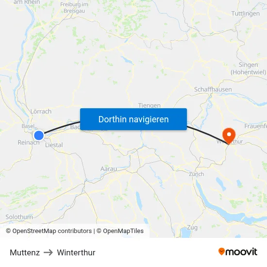 Muttenz to Winterthur map