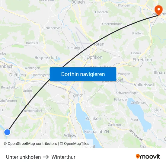 Unterlunkhofen to Winterthur map