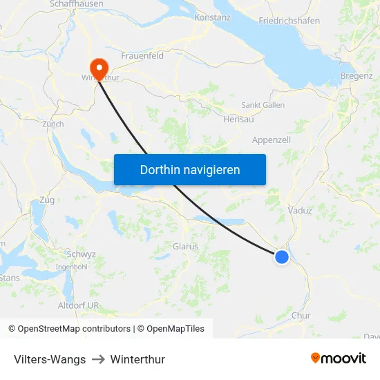 Vilters-Wangs to Winterthur map