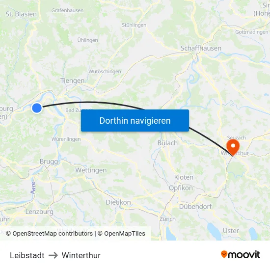 Leibstadt to Winterthur map