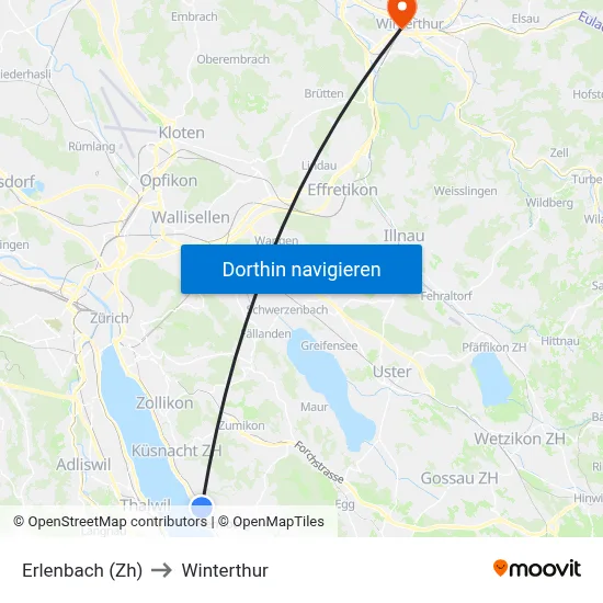 Erlenbach (Zh) to Winterthur map