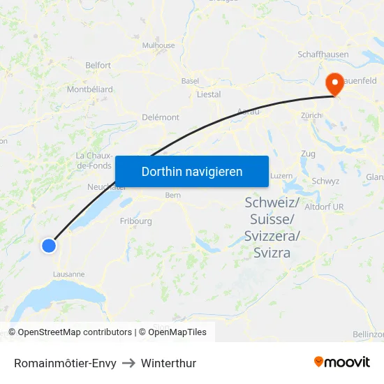 Romainmôtier-Envy to Winterthur map