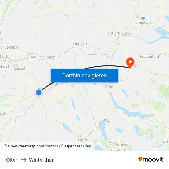 Olten to Winterthur map