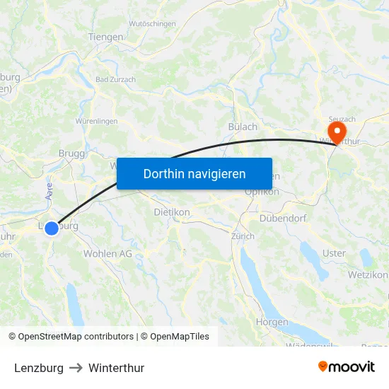 Lenzburg to Winterthur map