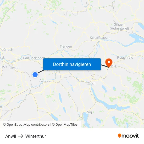 Anwil to Winterthur map