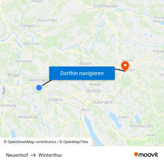 Neuenhof to Winterthur map