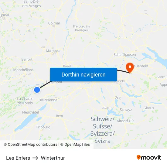 Les Enfers to Winterthur map