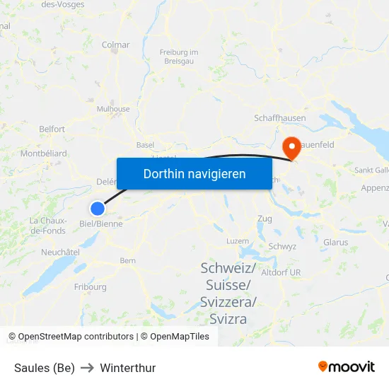 Saules (Be) to Winterthur map