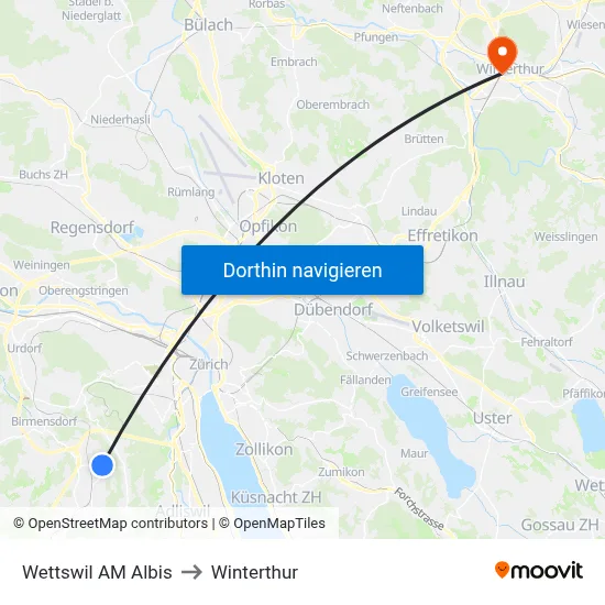 Wettswil AM Albis to Winterthur map