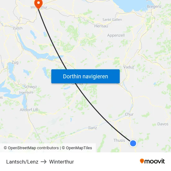 Lantsch/Lenz to Winterthur map