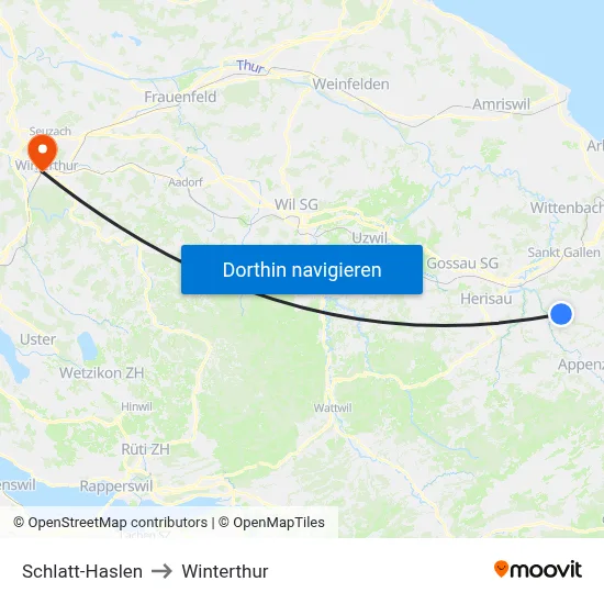 Schlatt-Haslen to Winterthur map