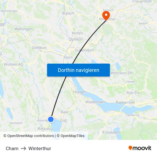 Cham to Winterthur map