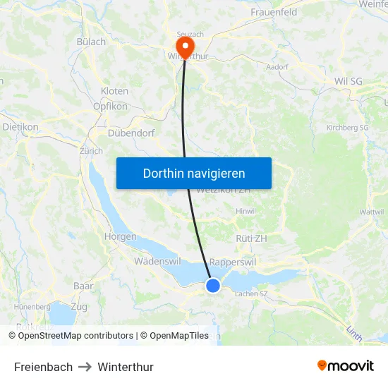Freienbach to Winterthur map